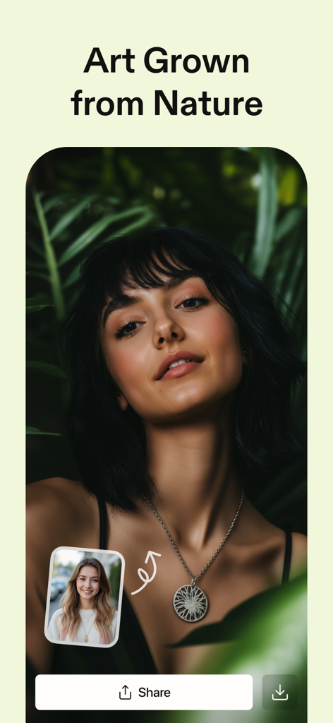 MyShell Al・AI Photo & Video - Un retrato estético de IA generado por una mujer con un exuberante fondo verde natural y una foto fuente más pequeña que muestra una transformación de estilo.