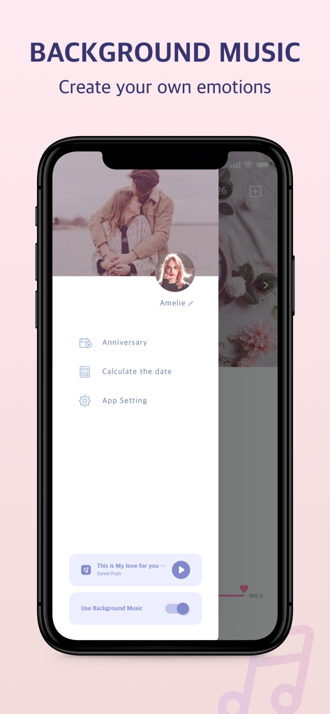 Been Together app screenshot showing the background music settings and a personalized profile menu.