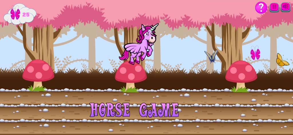 A pink winged unicorn jumping on mushrooms in a colorful forest game scene