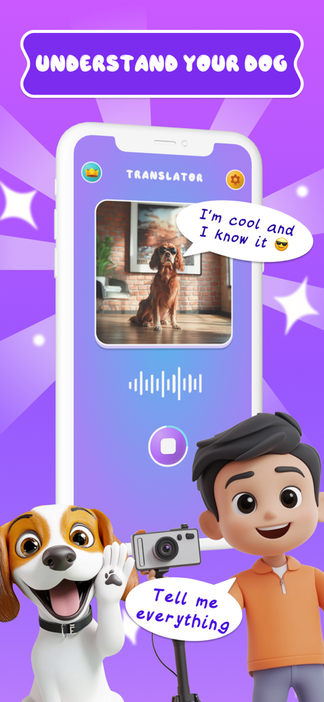 Interfaz de la aplicación DogTalk con un traductor de perros que presenta a un niño y un perro de dibujos animados.