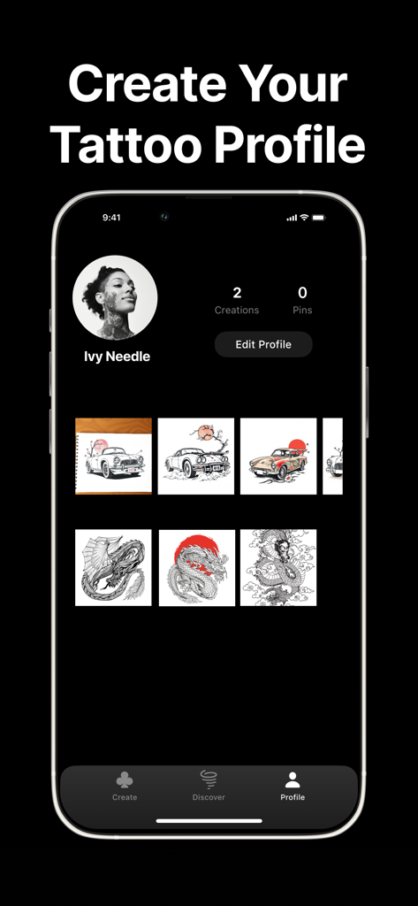 Ink AI: Tattoo Generator - User profile screen in Ink AI showing a personal gallery of generated tattoo designs including dragons and vintage cars.