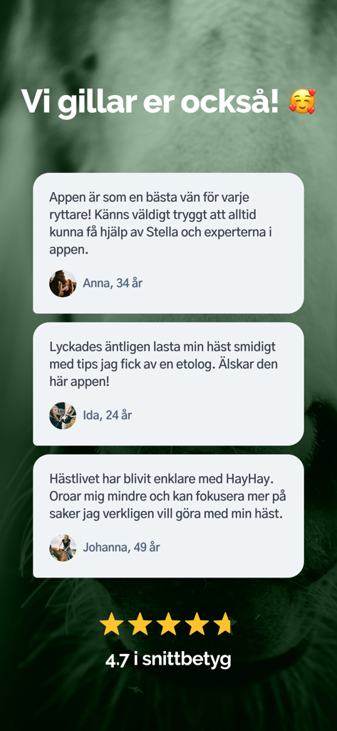 HayHay: För häst & ridning - User testimonials and a 4.7 average star rating for the HayHay horse app.