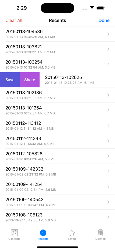 List of vocal practice recordings in the Singscope app showing save and share options