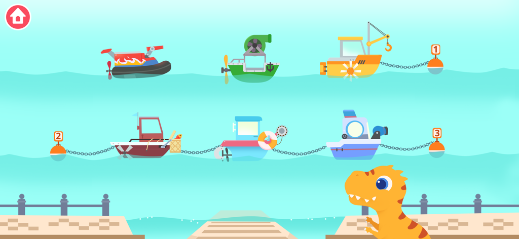 Dinosaur Patrol Boats Games - Six colorful cartoon patrol boats for selection with an orange dinosaur character on a dock