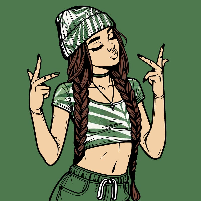 realistic teenage girl with braids and a beanie and crop top doing 🫶🏼
