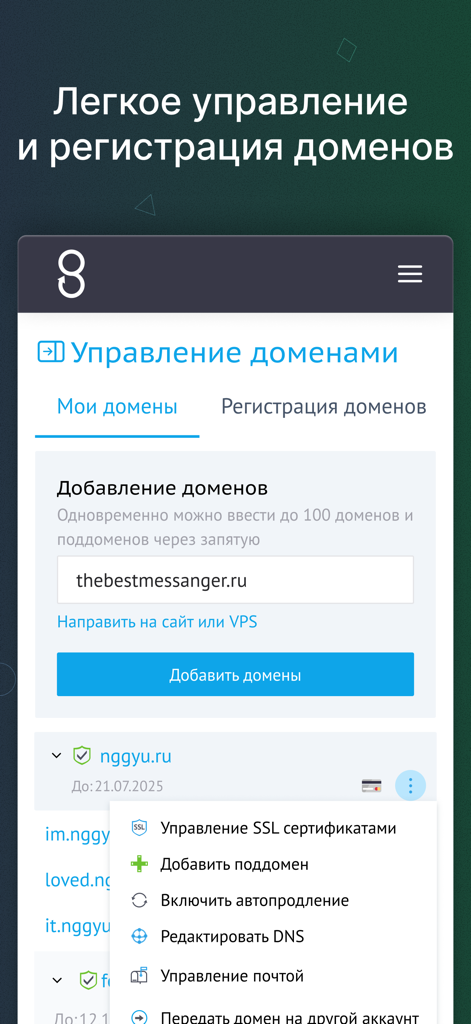 Interfaz de la aplicación móvil BeGet para gestión de dominios, incluyendo opciones para añadir dominios, gestionar certificados SSL y editar configuraciones DNS.
