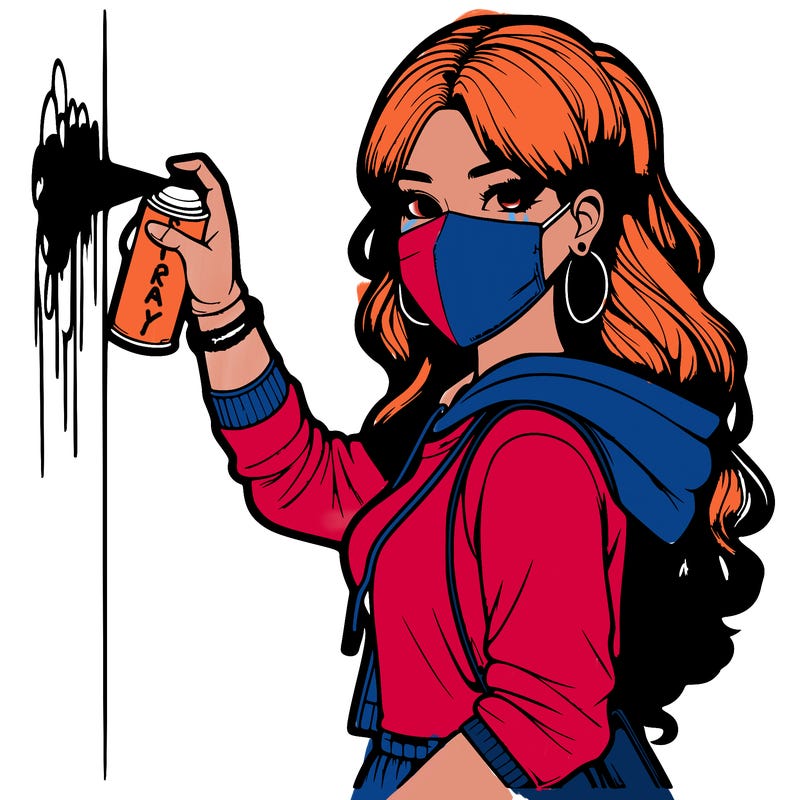 realistic girl with mask spray painting a wall