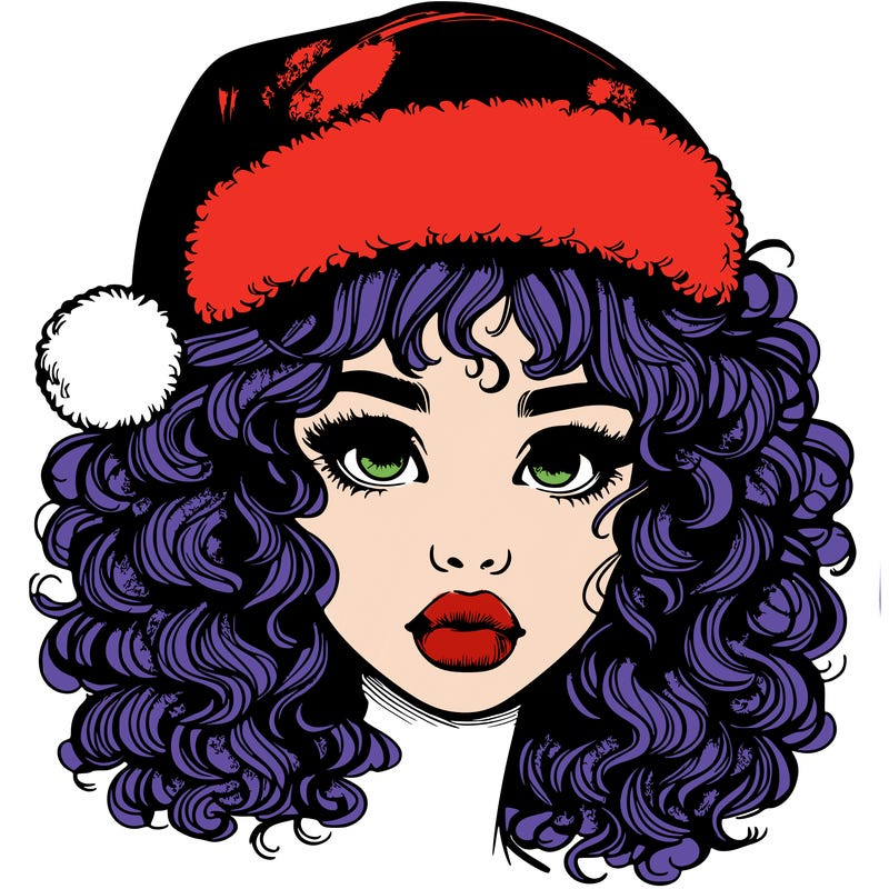 realistic girl with a santa hat curly hair and lips
