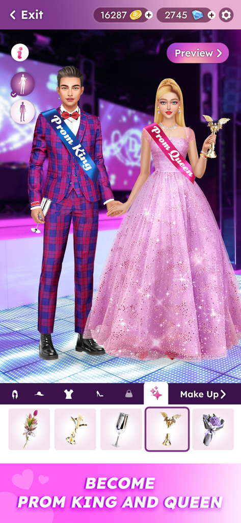 Teenager Fashion Dress Up Game - Un personaje masculino y femenino vestidos como Rey y Reina del Baile de Graduación en un juego de moda