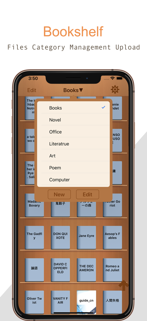 TxtReader Pro - A smartphone screen displaying the TxtReader Pro bookshelf interface with a category selection menu overlaying a library of digital books