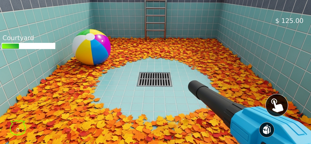 My Leaf It All Alone Blower Co - Vista en primera persona de un soplador de hojas limpiando hojas de otoño de un patio embaldosado