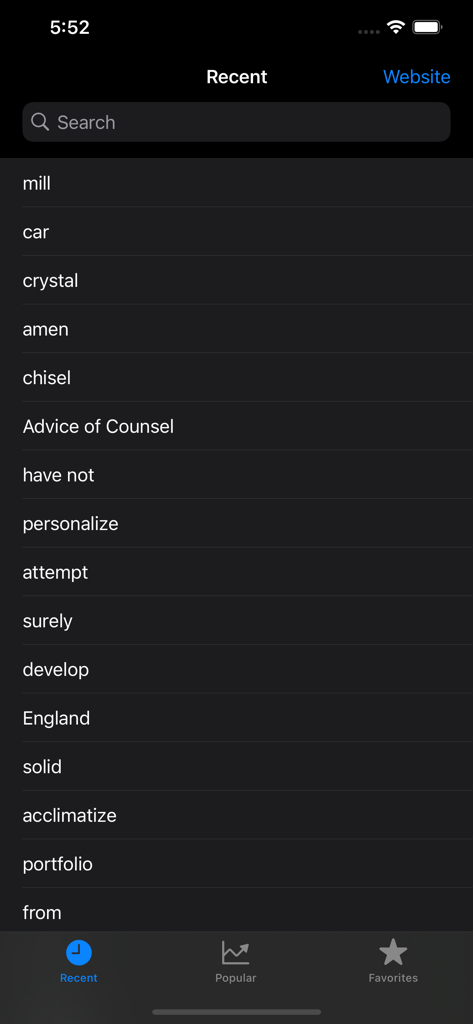 Sign ASL - Lista de termos de pesquisa recentes no aplicativo móvel Sign ASL