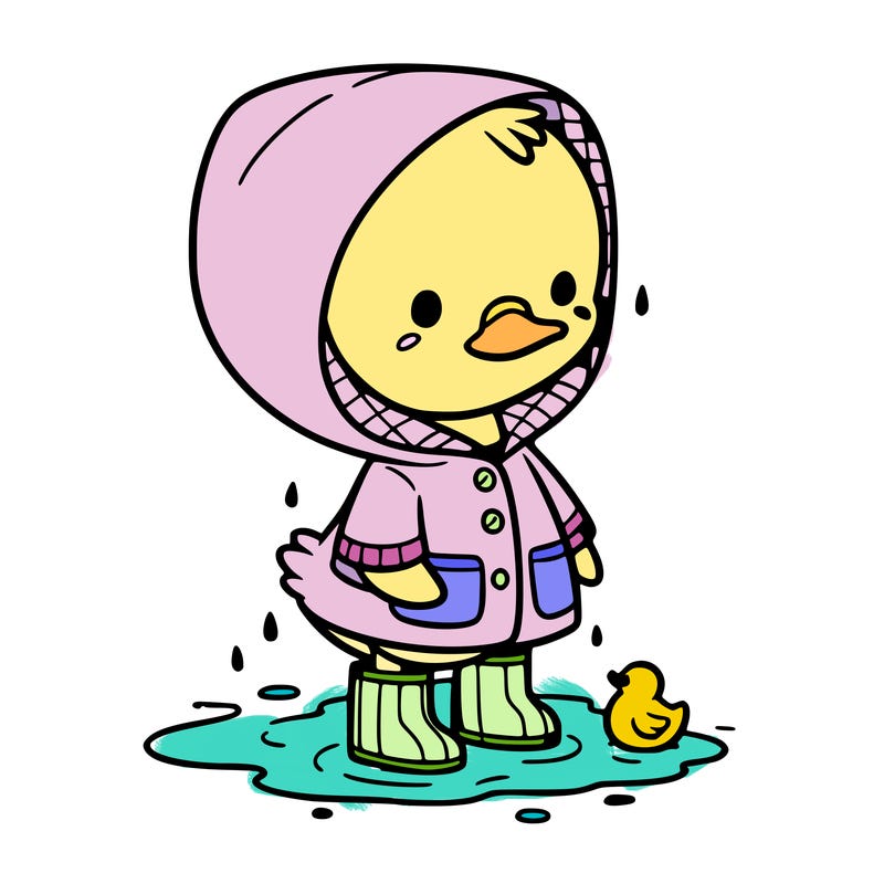 baby duck in a rain coat and boots, in a puddle while it’s raining