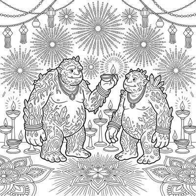 Immerse yourself in the magic of Diwali with this extraordinary coloring page featuring majestic Earth Trolls. Adorned with crystals and surrounded by festive lights, these gentle giants invite you to a unique celebration.