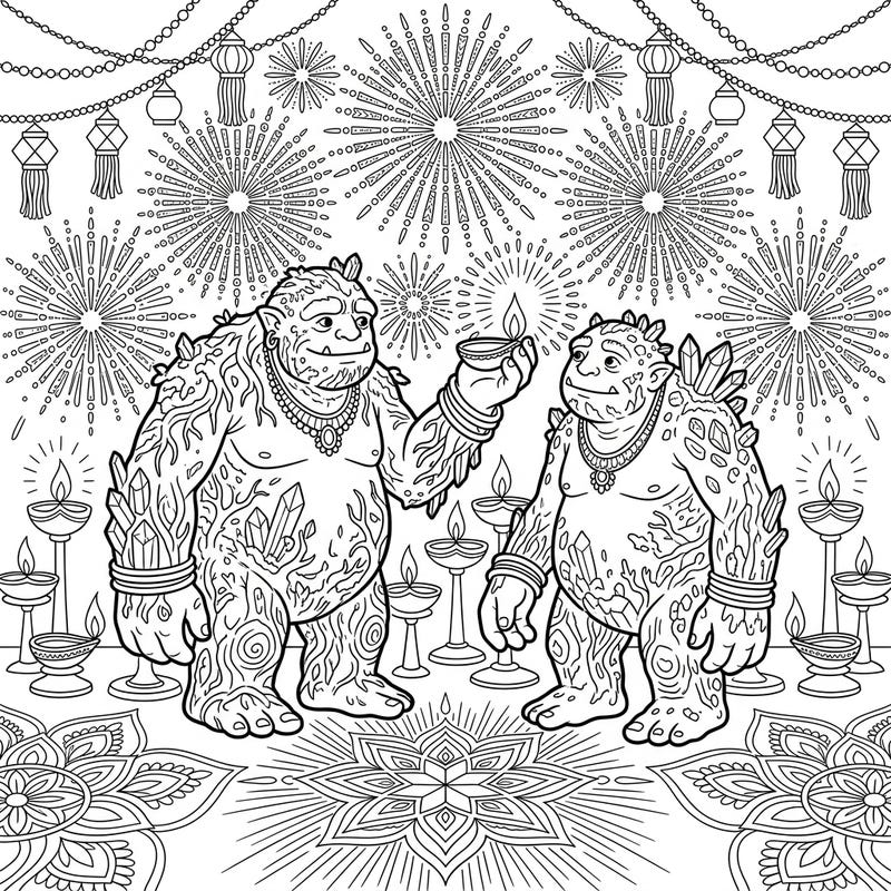 Immerse yourself in the magic of Diwali with this extraordinary coloring page featuring majestic Earth Trolls. Adorned with crystals and surrounded by festive lights, these gentle giants invite you to a unique celebration.