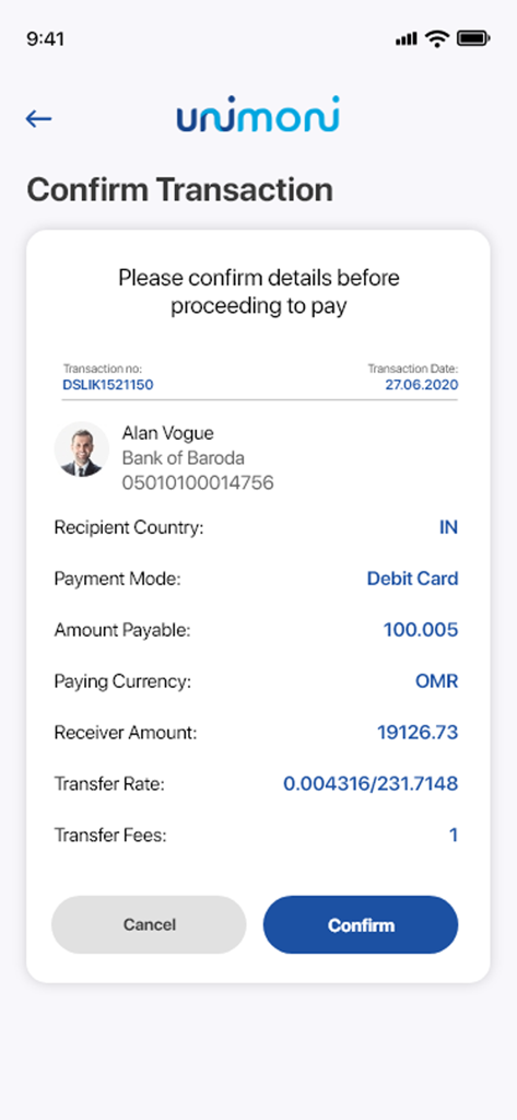 Unimoni Oman app transaction confirmation screen for international money transfer