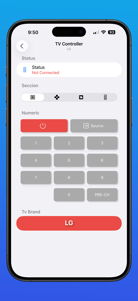 Smart TV Remote IP WIFI PRO - Smart TV remote application interface for LG showing a numeric keypad on an iPhone