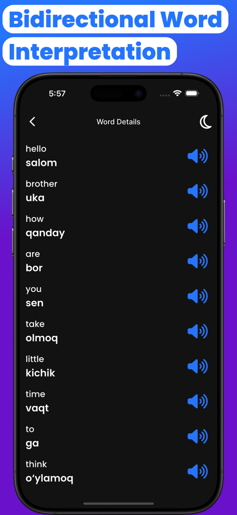 A mobile screen showing a list of common English words and their Uzbek translations with audio icons in dark mode