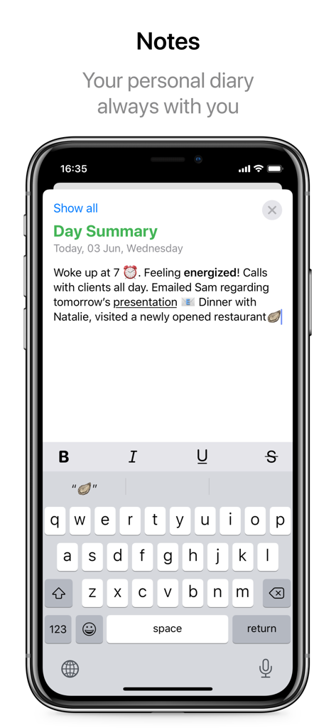 Daily Planner - Schedule App - iPhone screen showing the Day Summary feature of a daily planner app where a user is typing a personal diary entry about their day using a digital keyboard.