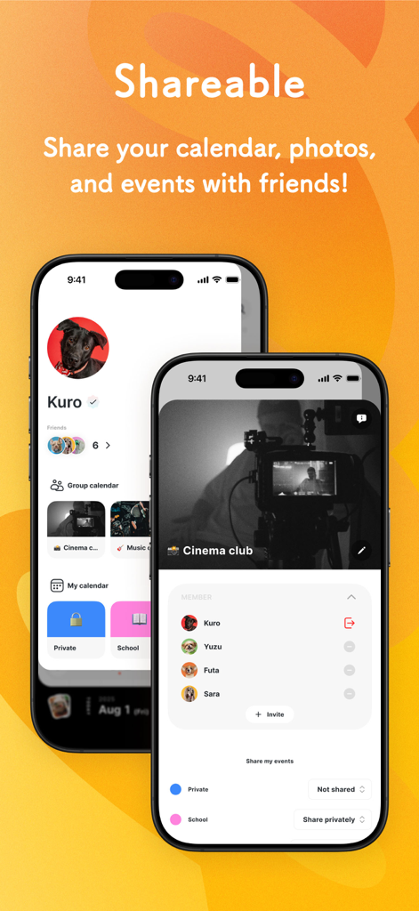 ADAY Simple schedule calendar - Two smartphones displaying the ADAY app interface for sharing calendar events and managing group members.