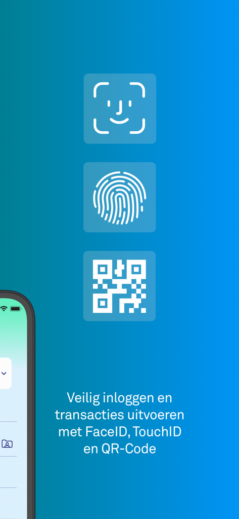Triodos Bankieren NL - Security features screen of the Triodos Bank app showing FaceID, TouchID, and QR code icons for secure login and transactions.