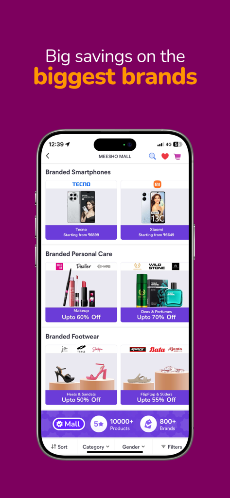 Meesho Mall app interface showing discounts on branded smartphones personal care and footwear