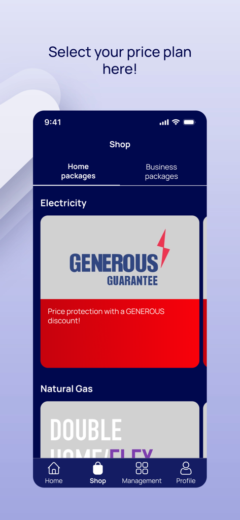 myΗΡΩΝ - Mobile app interface showing electricity and natural gas price plans with a generous guarantee discount