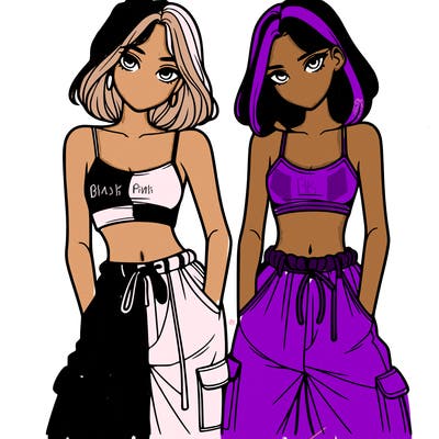 two girls with crop top with baggy pants
