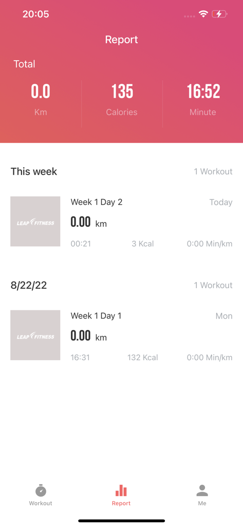 Run Tracker - GPS Run Trainer - Report screen of the Run Tracker app displaying total distance calories burned and a history of weekly workouts