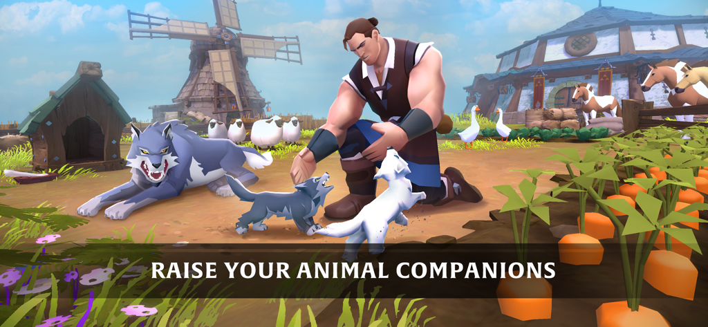 Albion Online - A character interacting with wolf pups on a farm in Albion Online.
