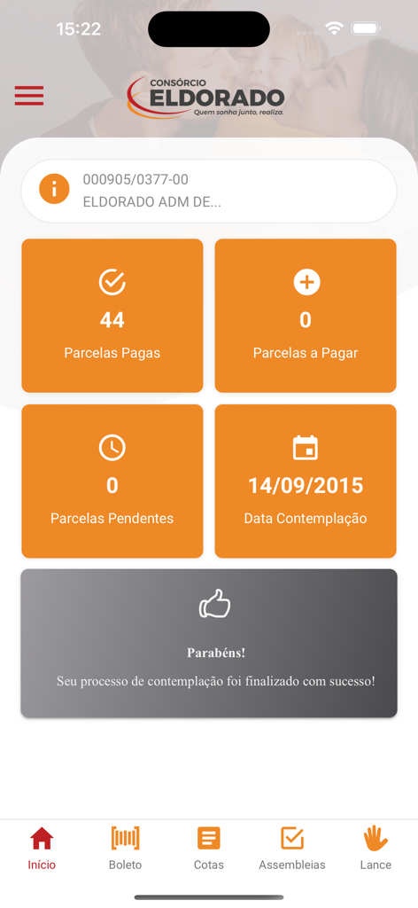 Dashboard of the Consórcio Eldorado app showing payment status and contemplation confirmation.