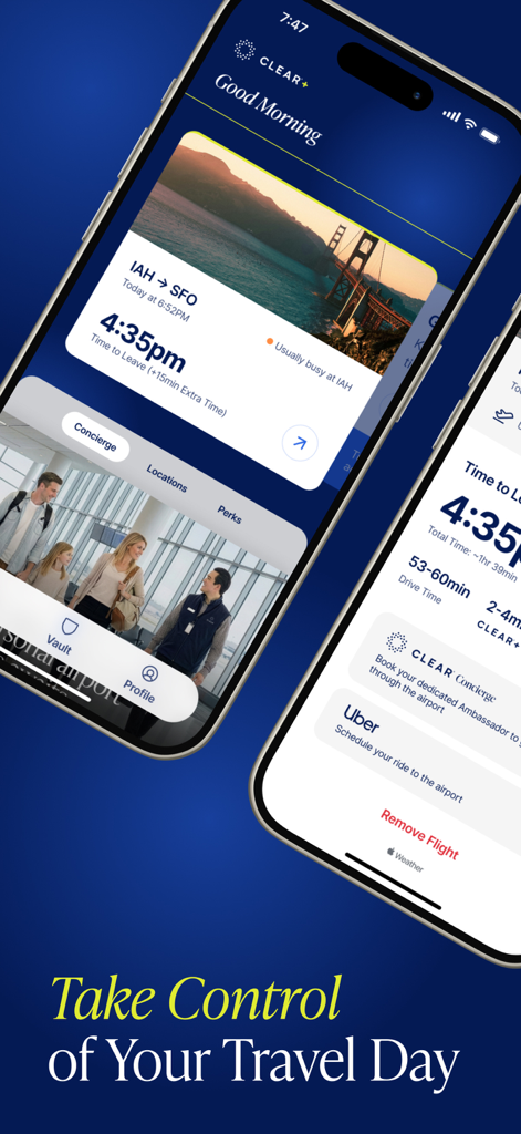 CLEAR App-Oberfläche mit Flugplanung und Flughafen-Concierge-Optionen