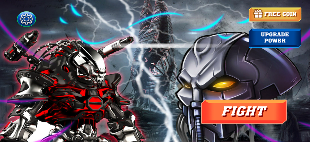 Main menu screen of Robot Battle featuring a detailed red and black combat robot and a large orange fight button.