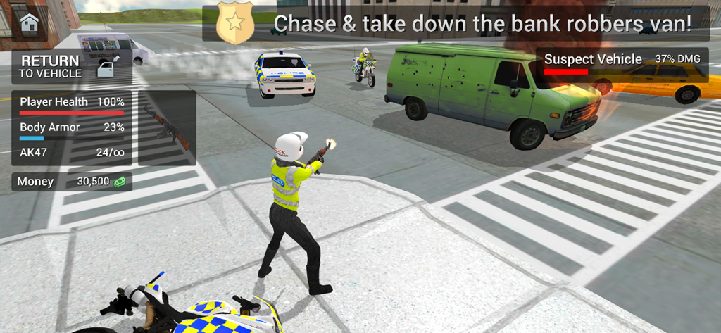 Police Car Driving: Crime City - Ein Polizist feuert mit einem Sturmgewehr auf ein brennendes Fahrzeug von Verdächtigen auf einer Stadtstraße