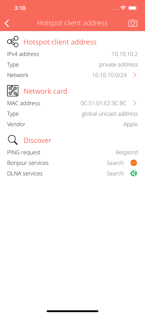 Hotspot Info - Technical dashboard showing detailed network information for a connected hotspot client including IP and MAC addresses