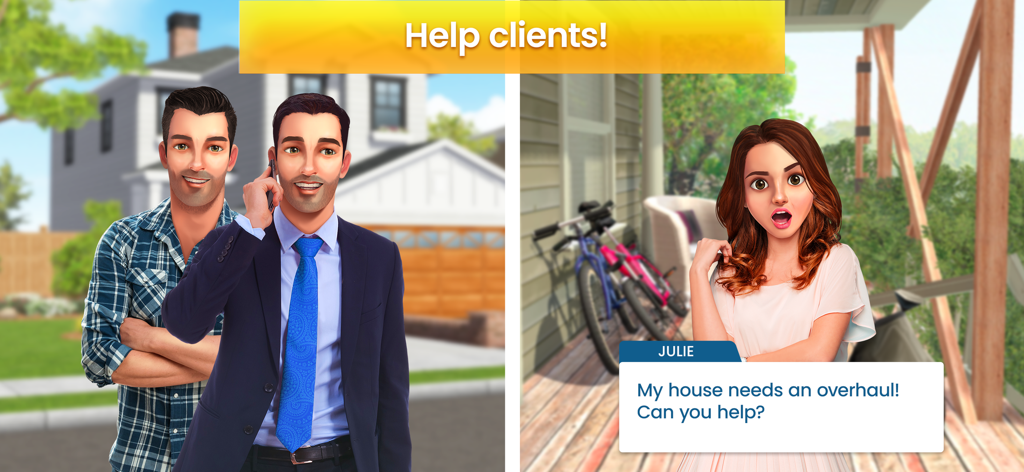 Property Brothers characters Drew and Jonathan Scott meeting a client for a home renovation project