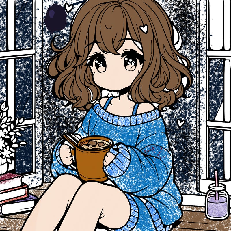 cute anime girl reading book and drinking hot chocolate from mug with loose wavy hair wearing a baggy sweatshirt and shorts sitting by windowsill looking out