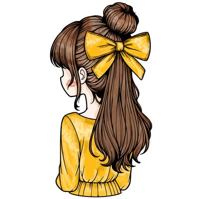 realistic girl  with hip length hair a bun and a big bow on the back of head