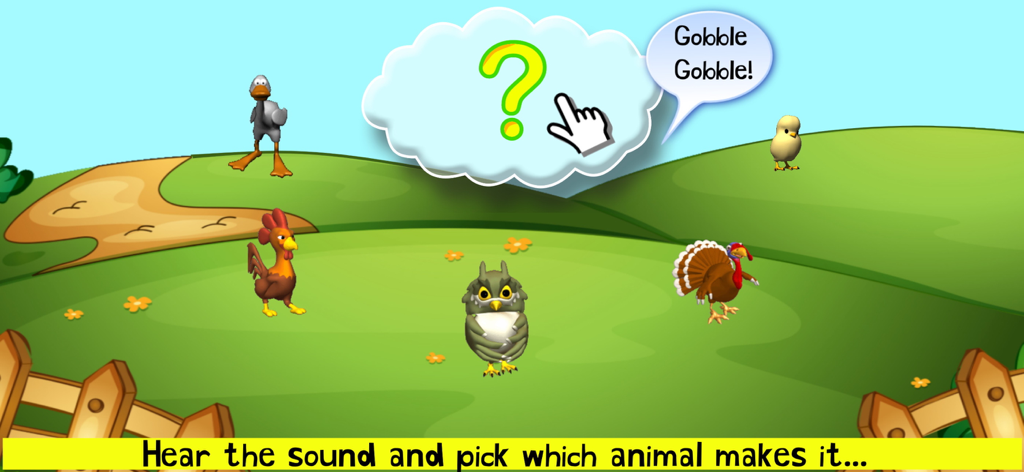 Interactive farm animal sound guessing game for toddlers featuring a turkey rooster and owl
