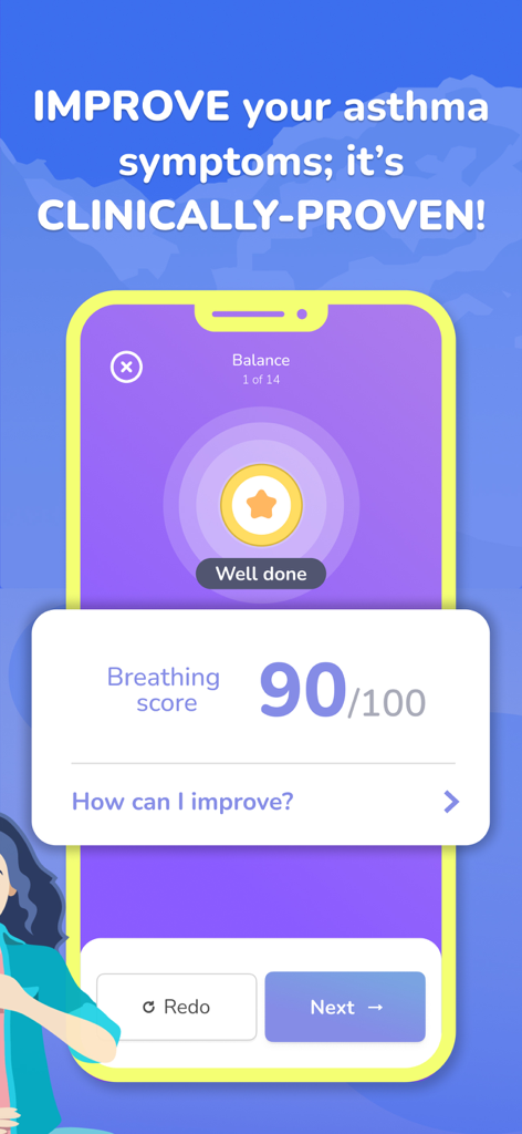 Airyn, the asthma app - Airlyn app interface showing a 90 out of 100 breathing score for asthma management