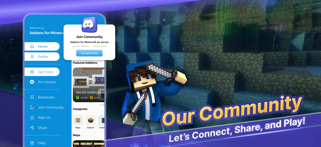 Mods for Minecraft PE: MCPE - Minecraft PE mods app interface showing community features and a Discord server invite