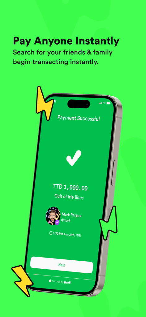 Successful payment of 1000 TTD on the Wam app mobile interface