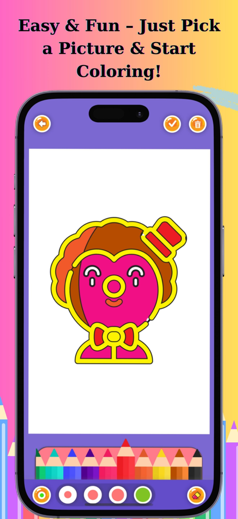 Draw & Color - Creative Art - Coloring interface of the Draw and Color app for kids with a cartoon character