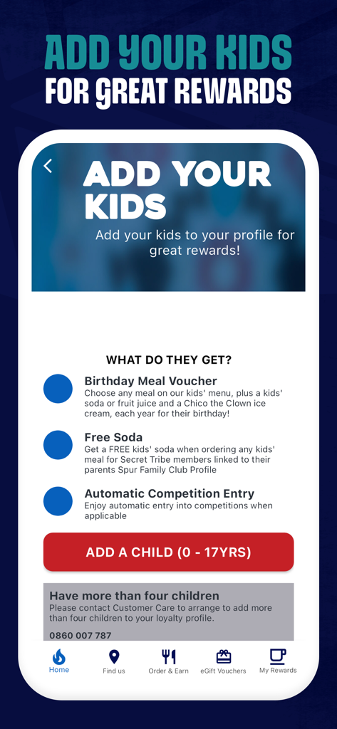 Spur Family Club - Spur Family Club app interface showing loyalty rewards for children including birthday vouchers and free sodas