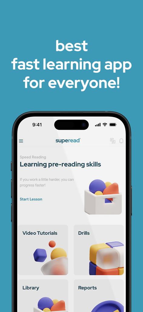 Superead : Super Speed Reading - Superead app interface showing learning pre-reading skills, video tutorials, and drills for speed reading.