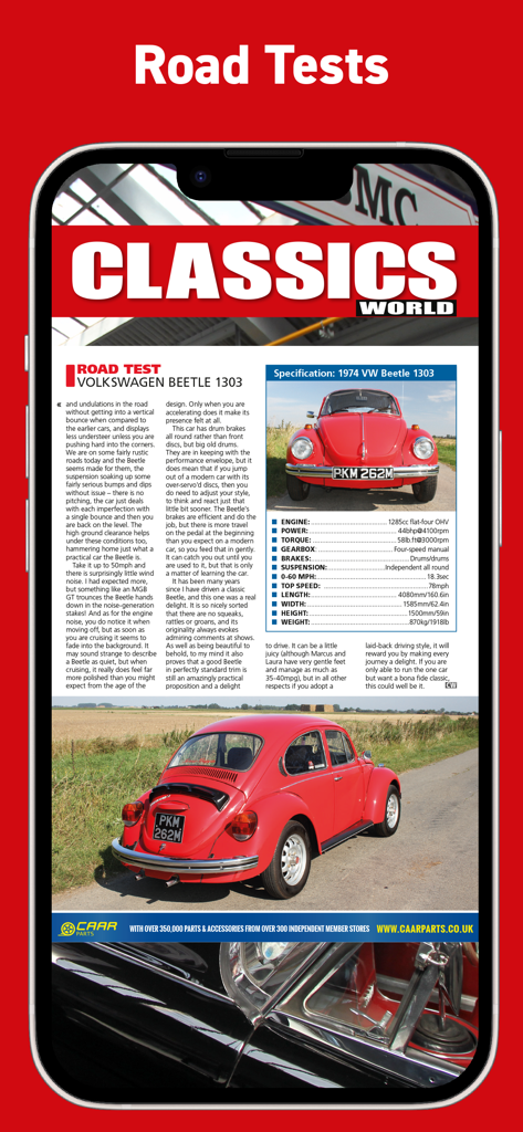 Classics World Magazine - Classics World Magazine app displaying a road test and technical specifications for a 1974 VW Beetle 1303