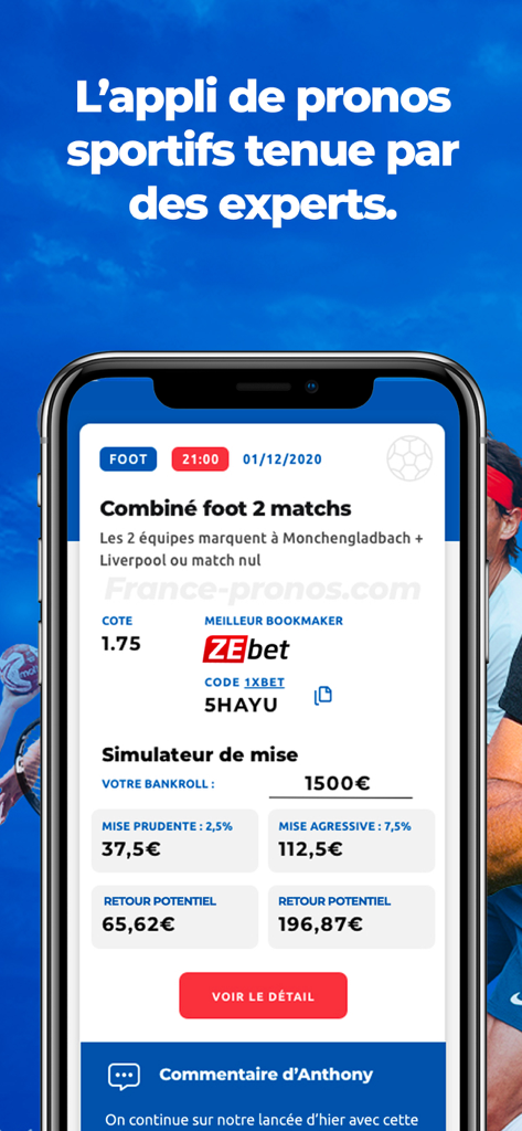 France Pronos - France Pronos app screen showing soccer betting tips and a bankroll simulator