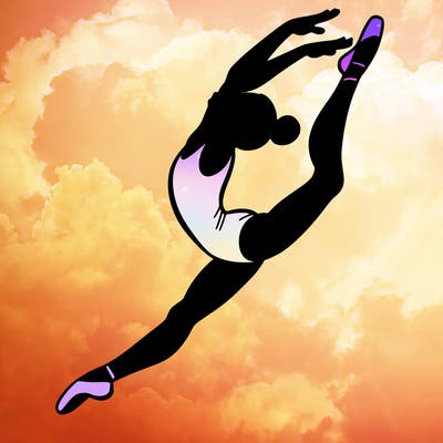 gymnast doing a leap in a leotard with a bent back leg