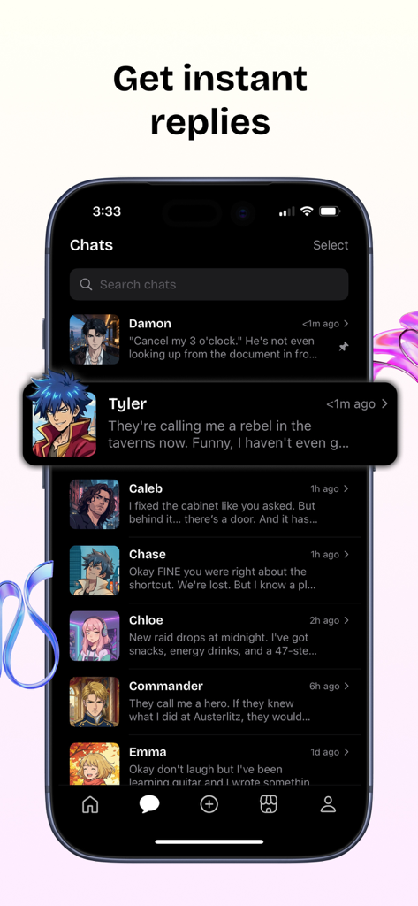 A mobile screen showing the Swerve AI Chat app interface with a list of active conversations with various anime-style AI characters.