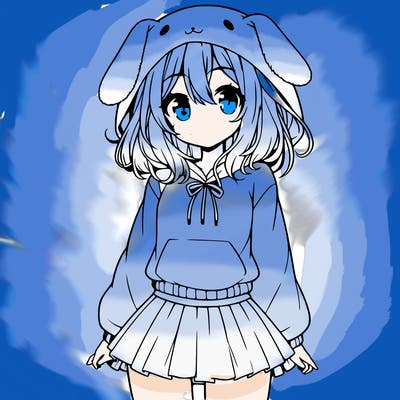 pretty anime girl wearing a fluffy hoodie with bunny ears on the hood and a skirt
